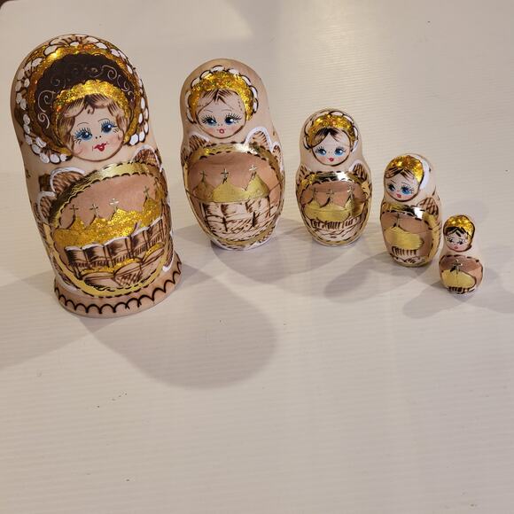 Vtg Russian Burned Wood Hand Painted Matryoshka Nesting Dolls Set of 5 Orthodox - Picture 4 of 14